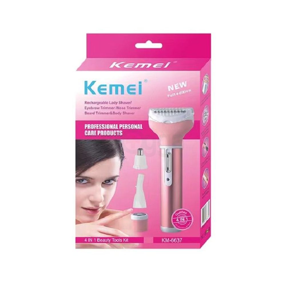 Kemei KM- 6637 4 in 1 Rechargeable Women Body, Eyebrow and Nose Hair Removal Trimmer  