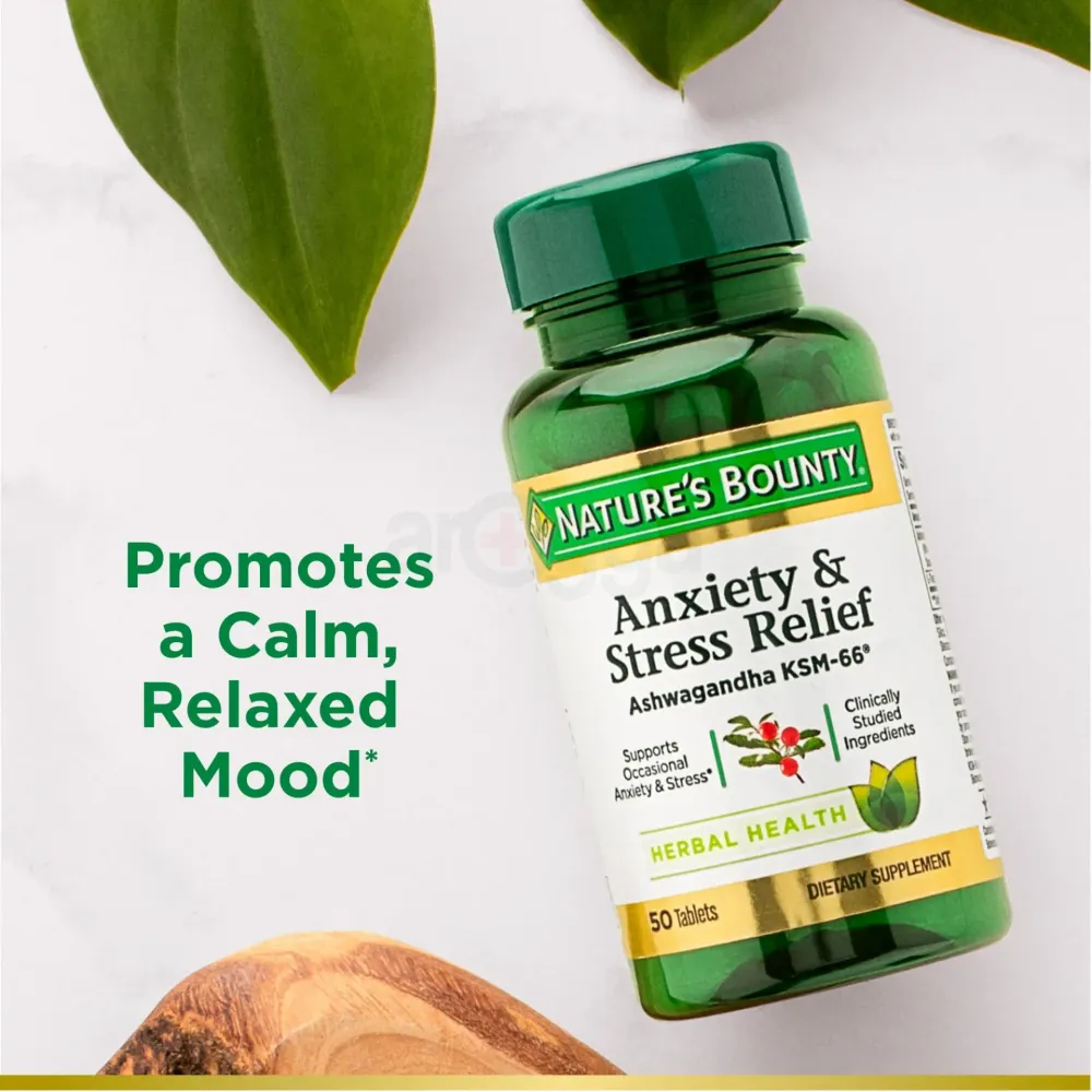 Nature’s Bounty Anxiety & Stress Relief Ashwagandha KSM 66, L-Theanine, Dietary Supplement, Tablets, 50  