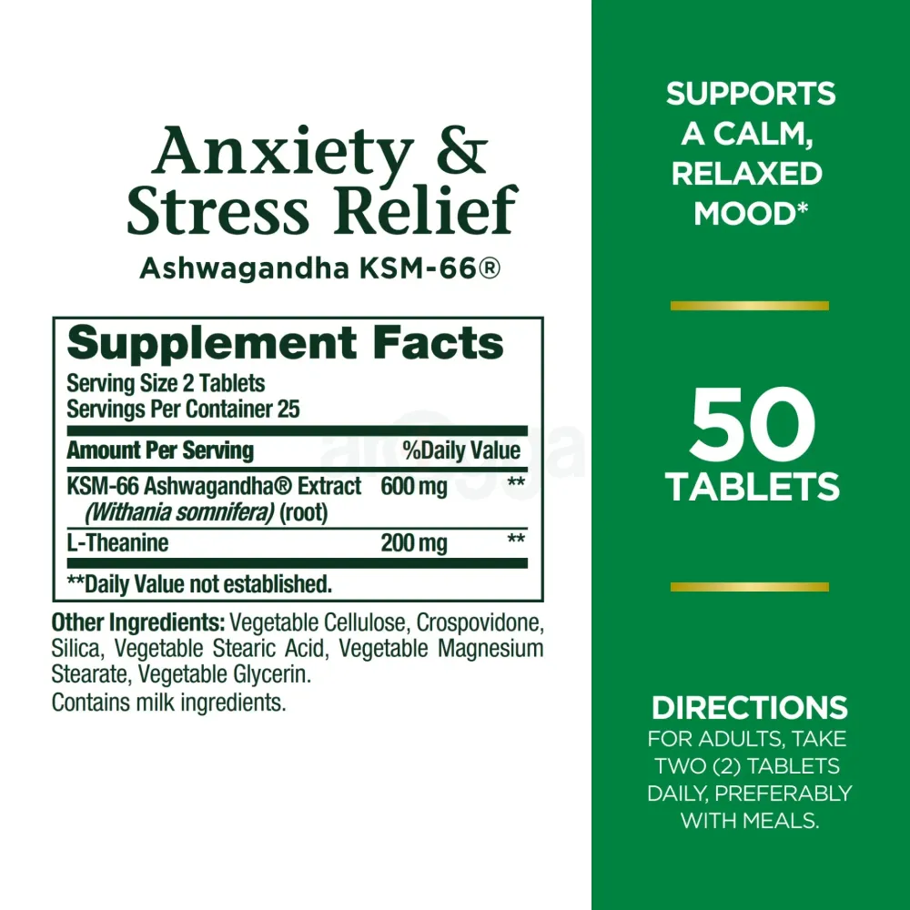 Nature’s Bounty Anxiety & Stress Relief Ashwagandha KSM 66, L-Theanine, Dietary Supplement, Tablets, 50  