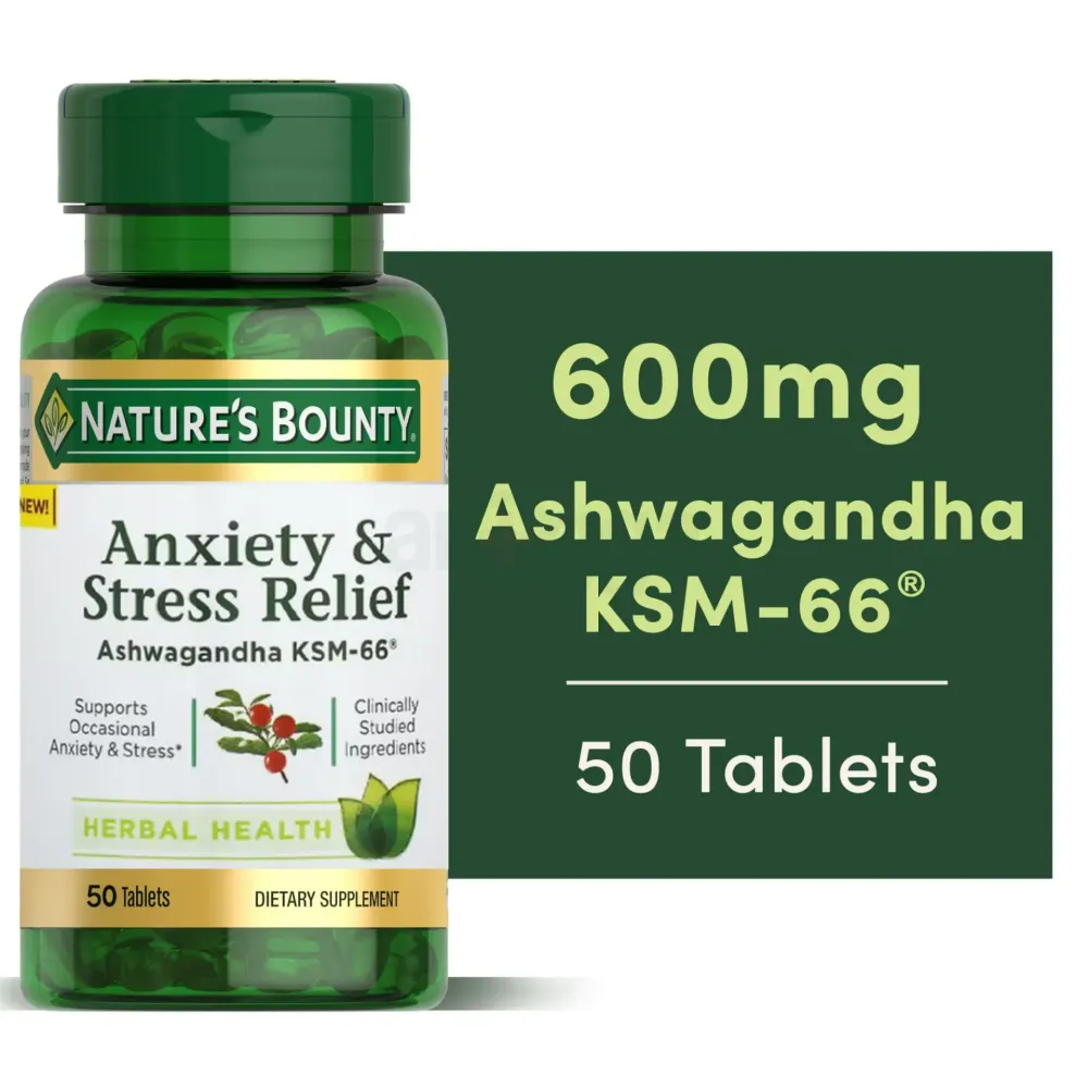 Nature’s Bounty Anxiety & Stress Relief Ashwagandha KSM 66, L-Theanine, Dietary Supplement, Tablets, 50  