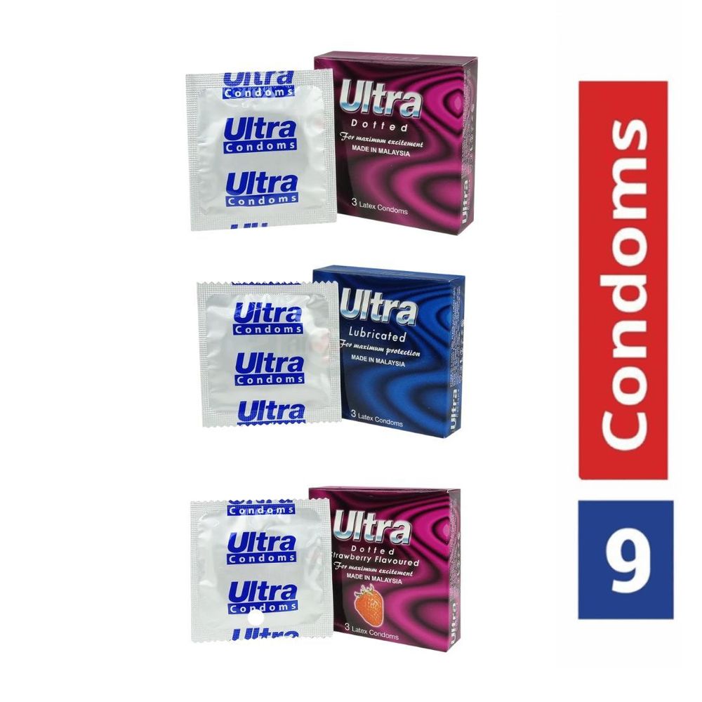 Ultra Dotted Latex Condoms Combo - Dotted, Lubricated, Strawberry (Malaysia) - 3 x 3 pcs Pack = 9 pcs  