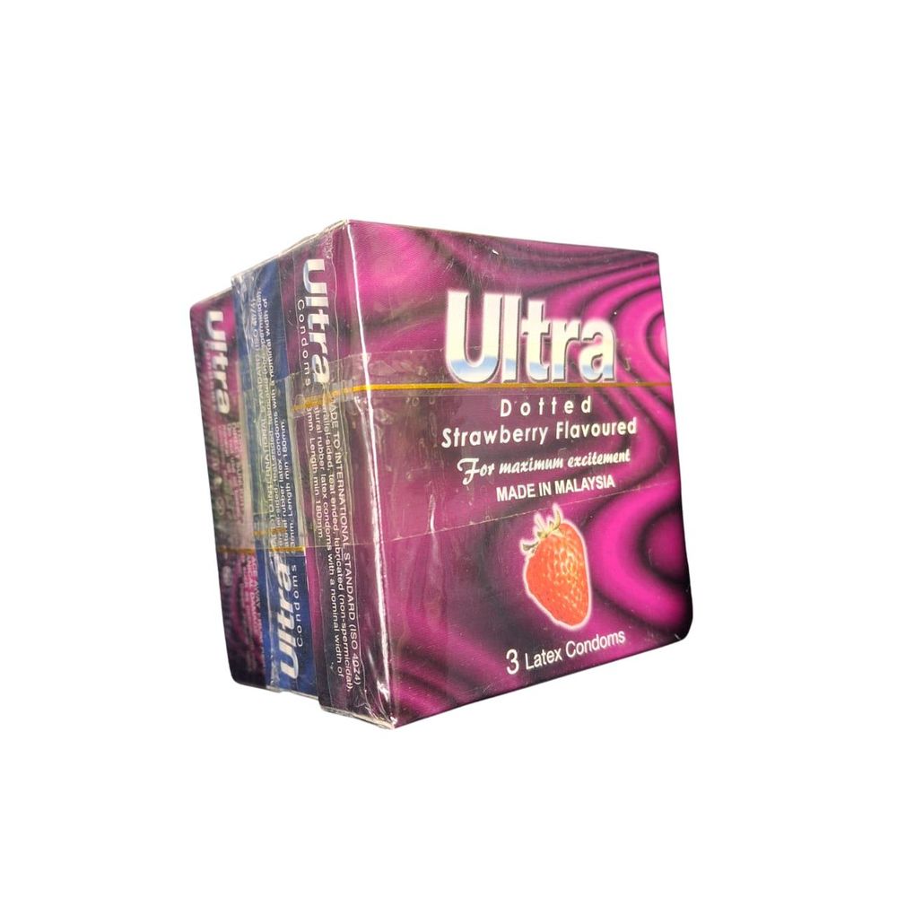 Ultra Dotted Latex Condoms Combo - Dotted, Lubricated, Strawberry (Malaysia) - 3 x 3 pcs Pack = 9 pcs  