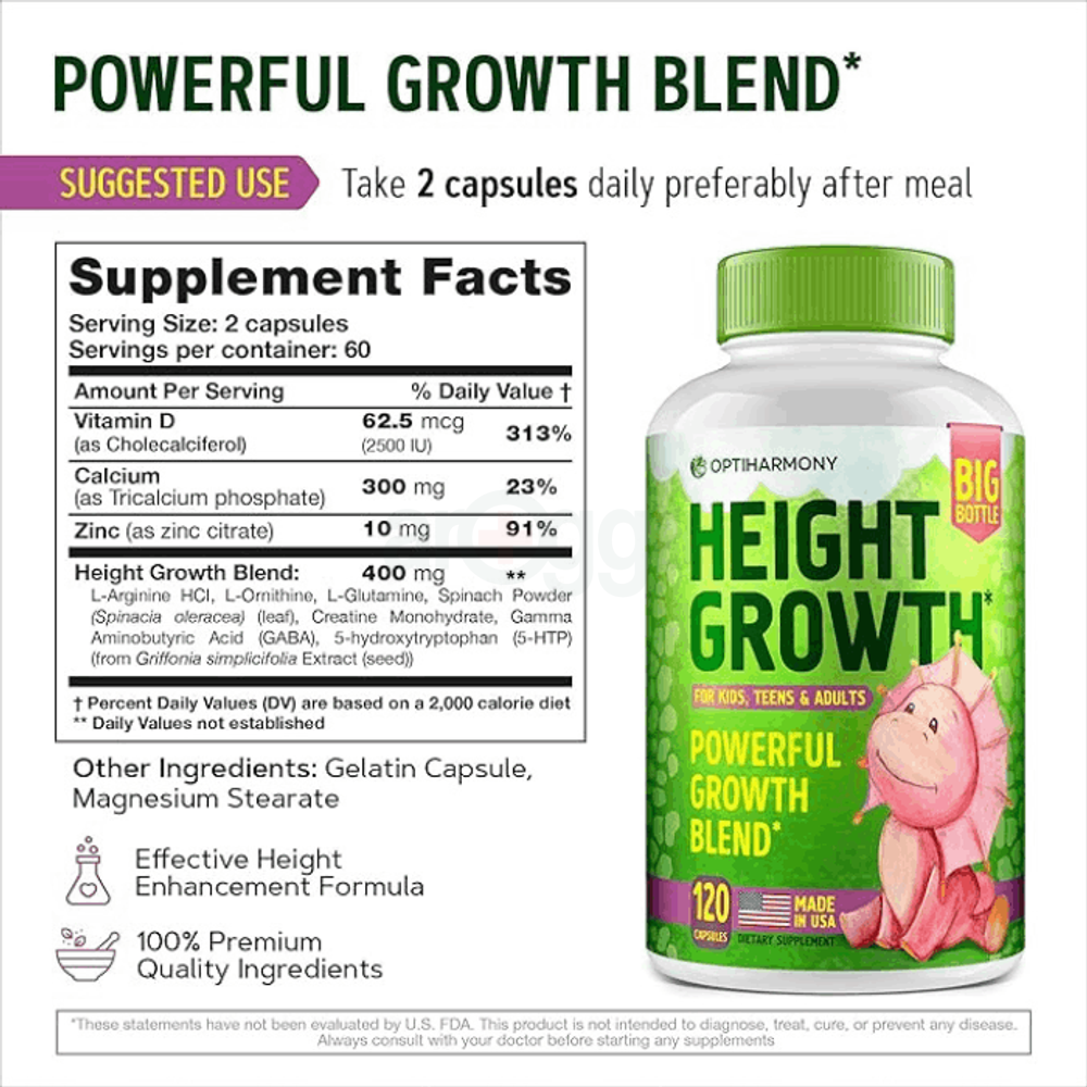 Height Growth Maximizer Bone Growth for Adults, Teens & Kids - Vitamins for Boys & Girls to Get Taller 120 capsules  