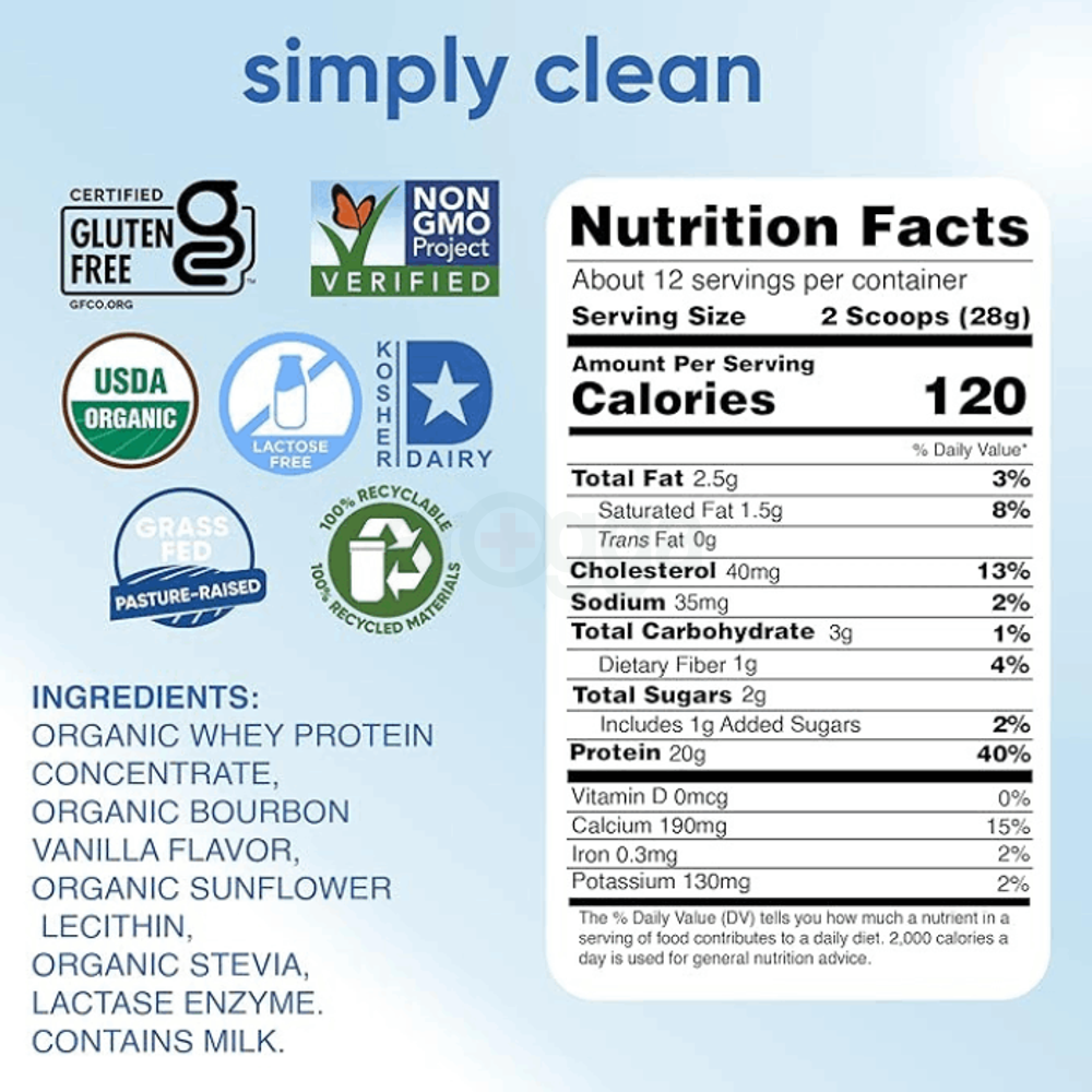 Simply tera's Lactose Free Organic Whey Protein - Lactose Free Protein Powder, Vanilla Protein Powder with 20g of Protein Per Serving  