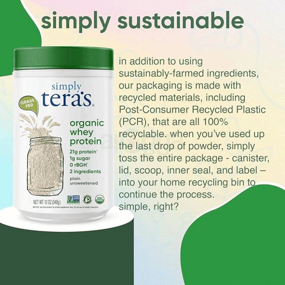 Simply Tera's Organic Whey Protein Powder - Grass Fed Whey Protein Powder Without Artificial Sweeteners, Unflavored Protein Powder 340g  