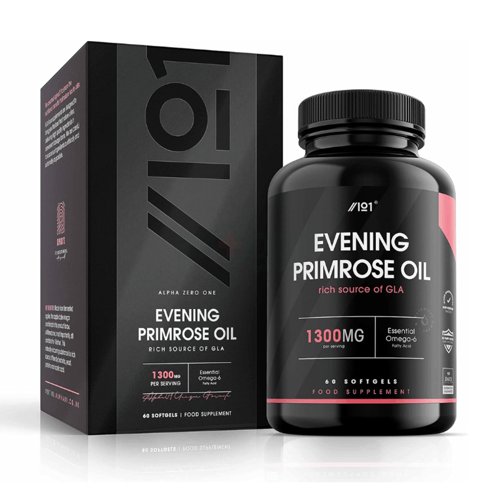 ALPHA01 Evening Primrose Oil 1300mg | 60 Capsules | Cold-Pressed Rich Source of Omega 6 | 117mg GLA | Non-GMO, Gluten Free Supplement | No Artificial Preservatives  