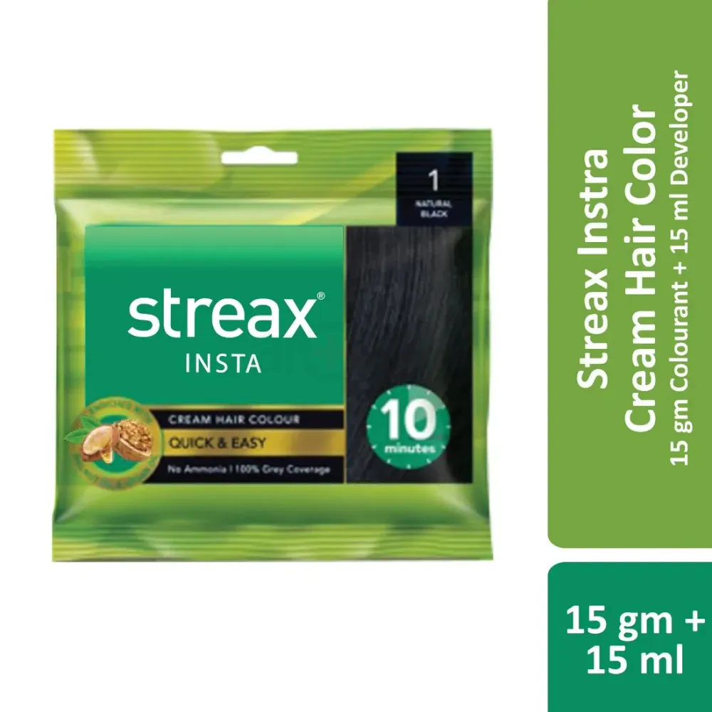 Streax Insta Cream Hair Colour - 1 Natural Black 15g  