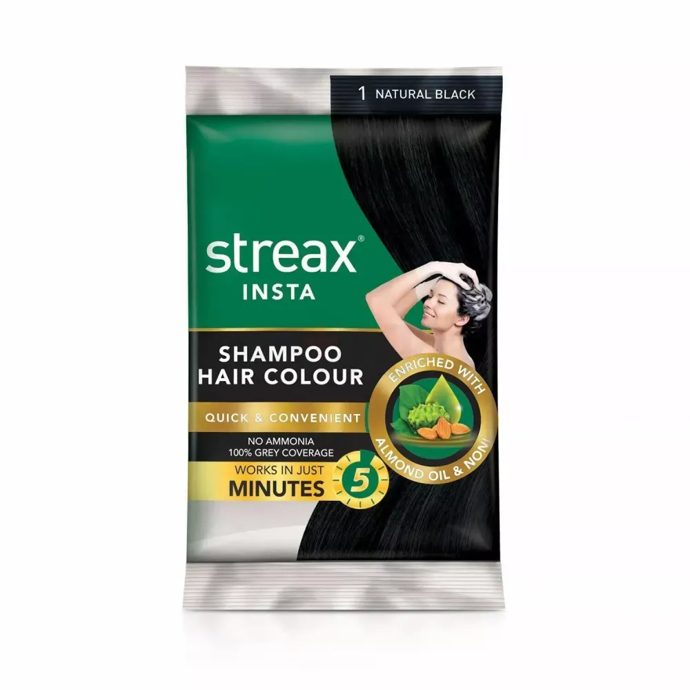 Streax Insta Shampoo Hair Colour - 1 Natural Black 10ml  