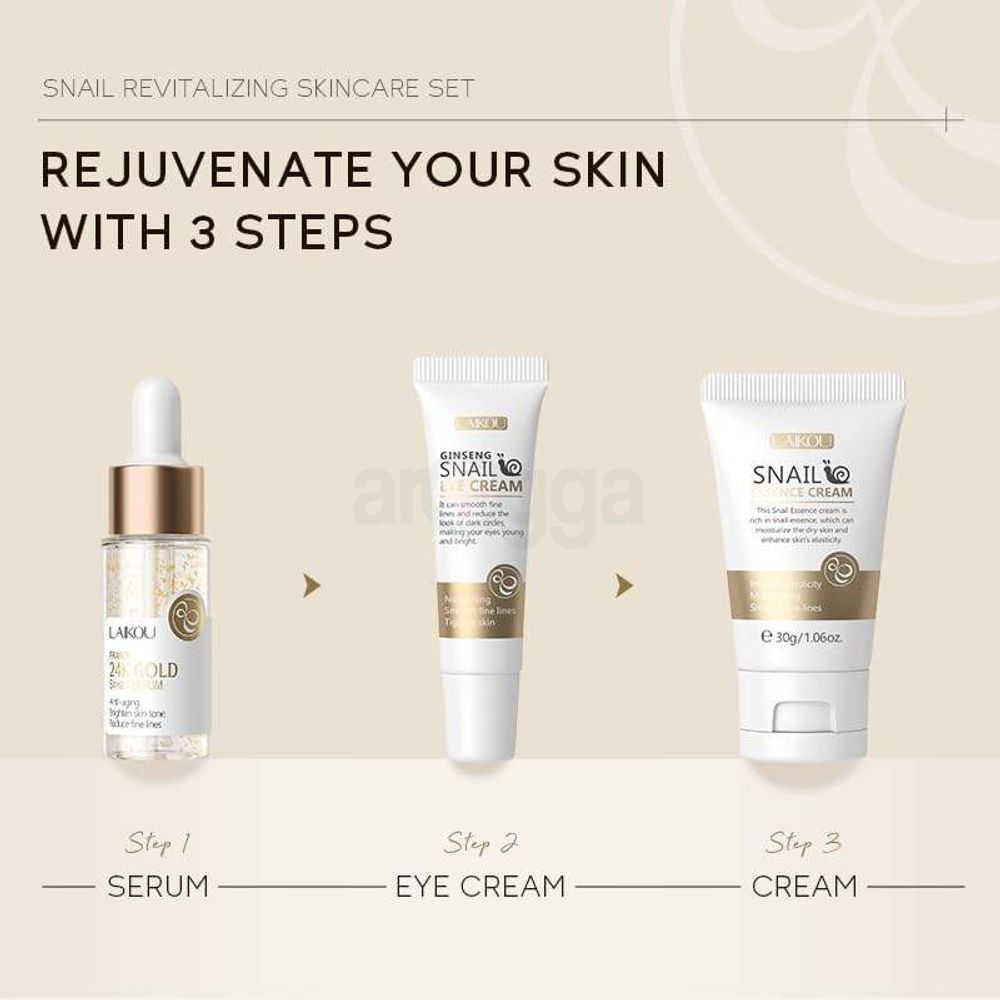 Laikou Snail Essence Skincare Set (Serum 17ml + Eye Cream 15g + Face Cream 30g)  