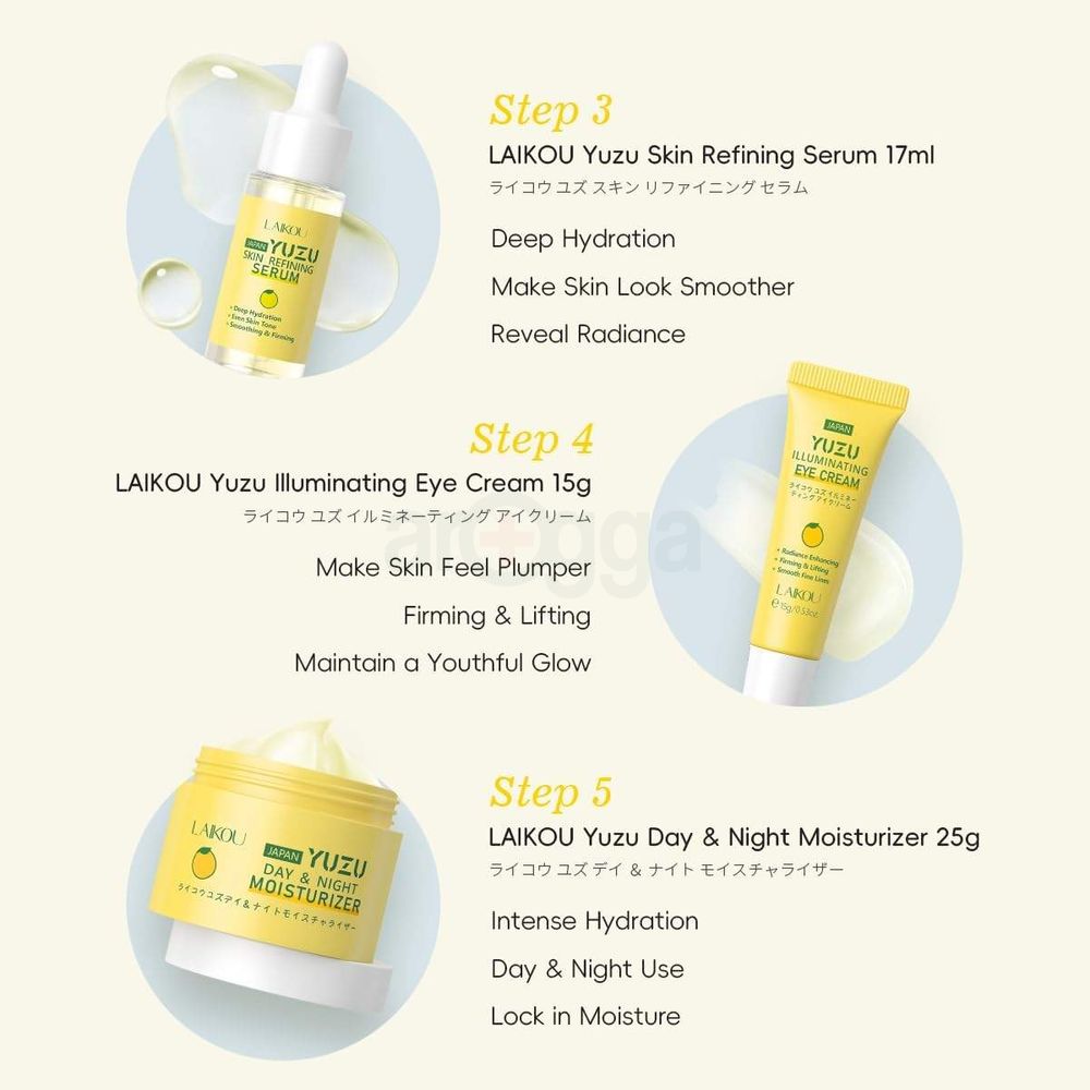 Laikou Yuzu Radiance Skincare 5 Pcs Set (Cleanser 50g + Toner 100ml + Serum 17ml + Eye Cream 15g + Moisturizer 25g)  