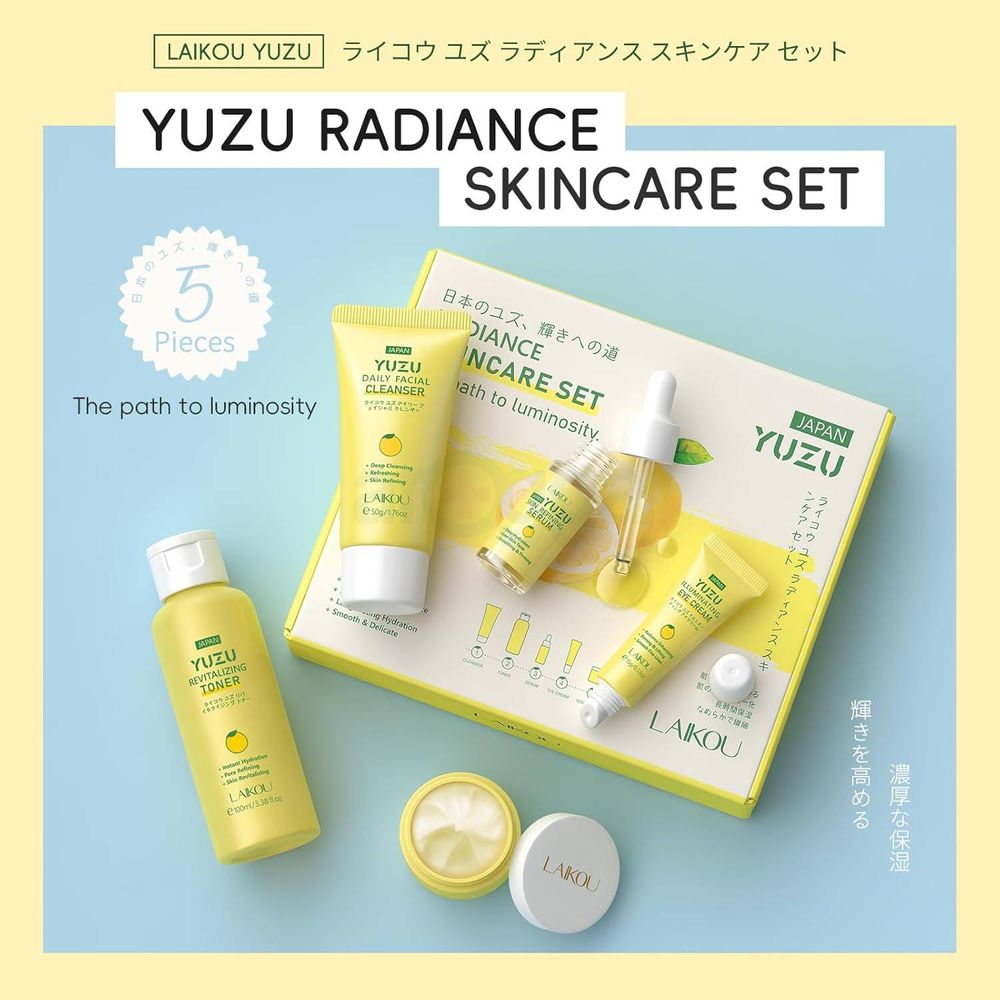 Laikou Yuzu Radiance Skincare 5 Pcs Set (Cleanser 50g + Toner 100ml + Serum 17ml + Eye Cream 15g + Moisturizer 25g)  