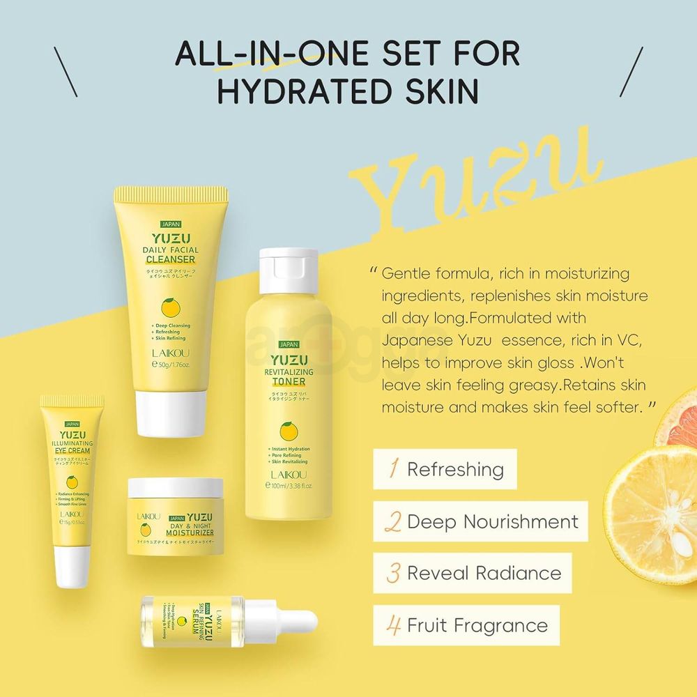 Laikou Yuzu Radiance Skincare 5 Pcs Set (Cleanser 50g + Toner 100ml + Serum 17ml + Eye Cream 15g + Moisturizer 25g)  