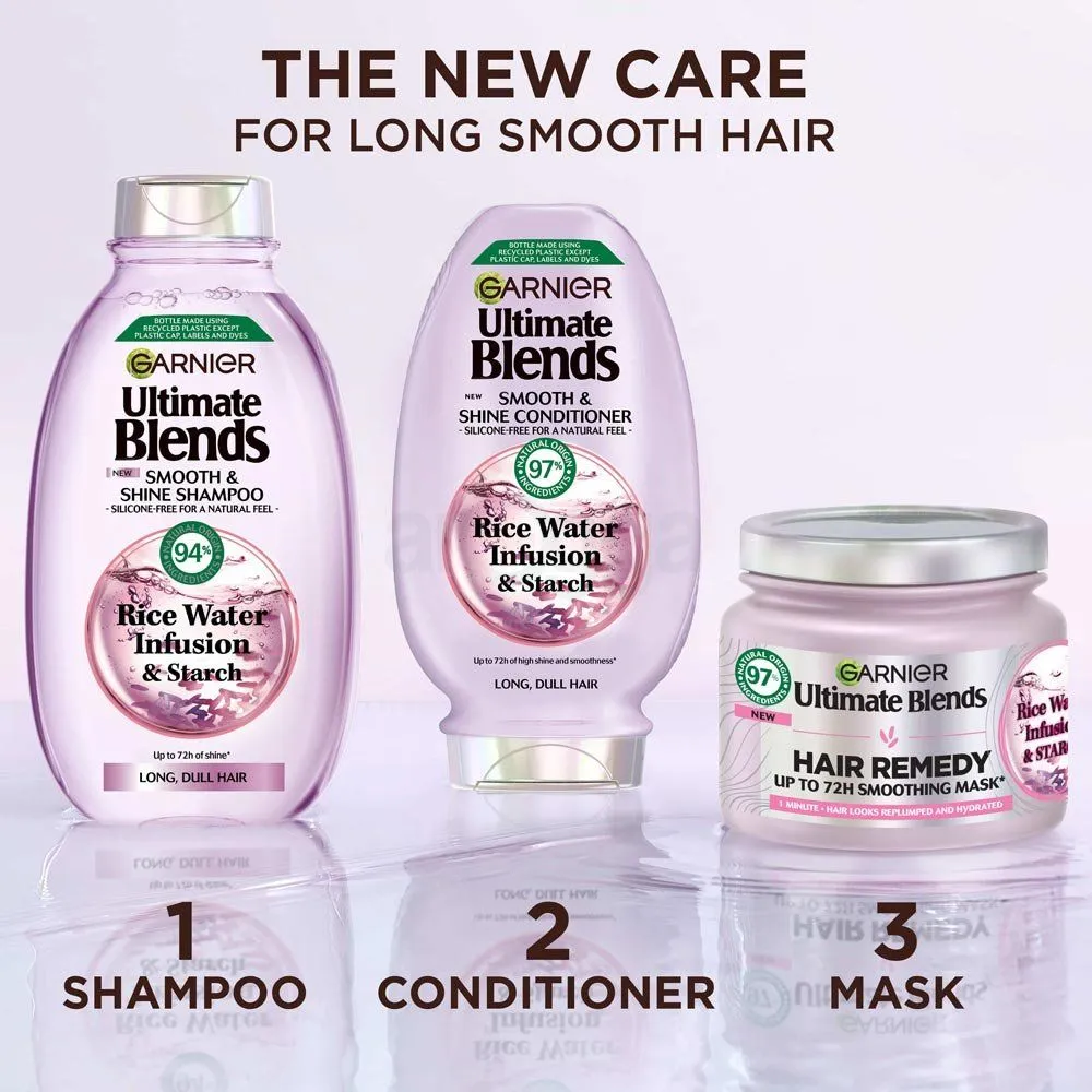 Garnier Ultimate Blends 72Hr  Smooth & Shine Shampoo with Rice Water Infusion & Starch for Long & Dull Hair   