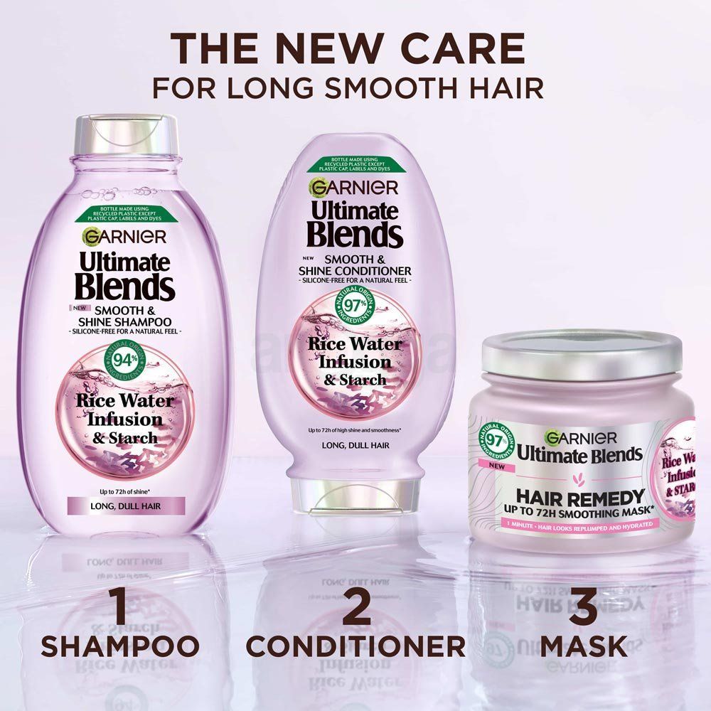 Garnier Ultimate Blends 72Hr  Smooth & Shine Shampoo with Rice Water Infusion & Starch for Long & Dull Hair  