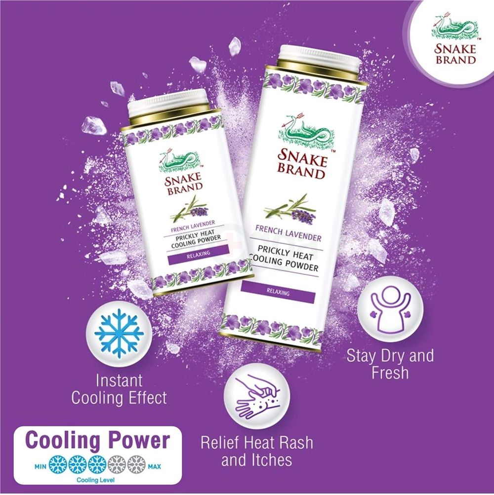 Snake Brand Prickly Heat Relaxing Cooling Powder with French Lavender  