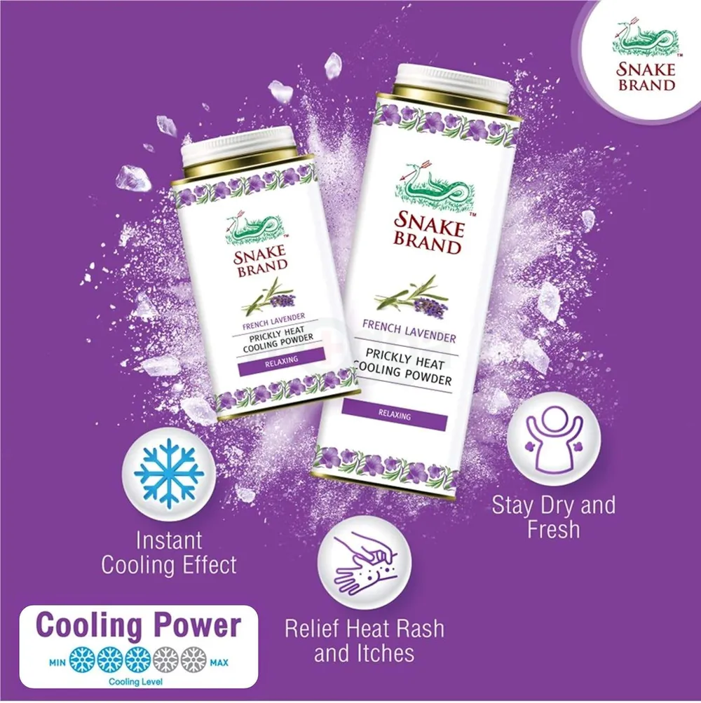 Snake Brand Prickly Heat Relaxing Cooling Powder with French Lavender  