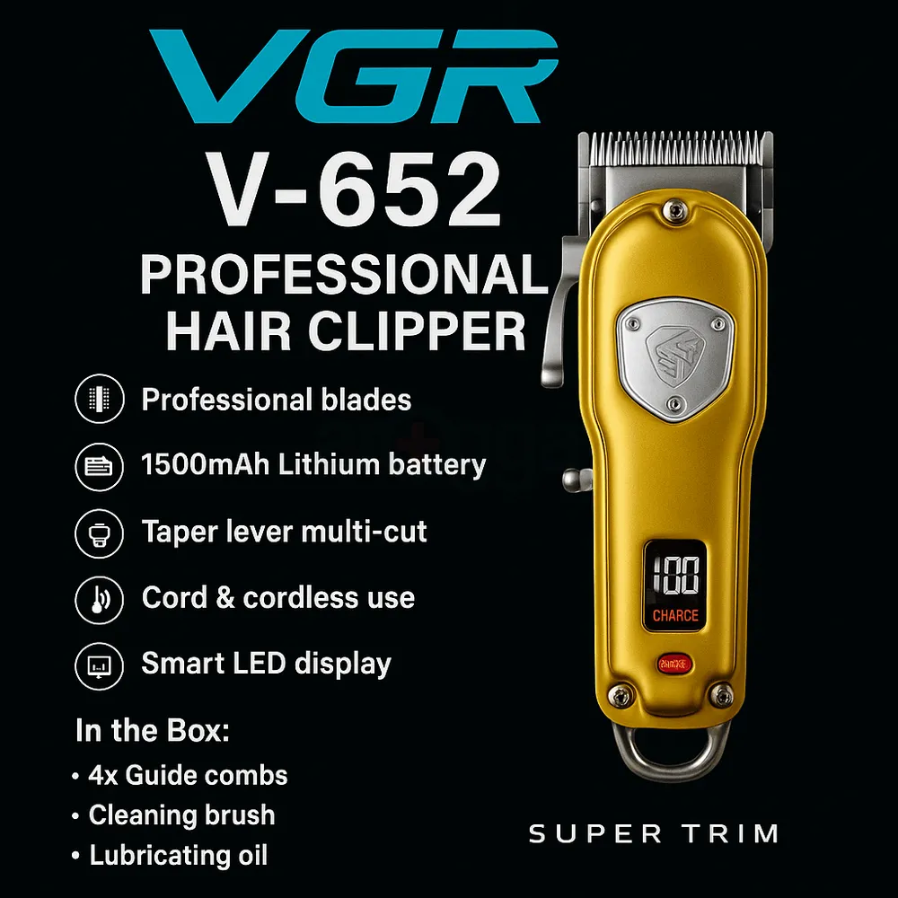 VGR V- 652 Digital Display Professional Cordless Hair Clipper Trimmer for Men  