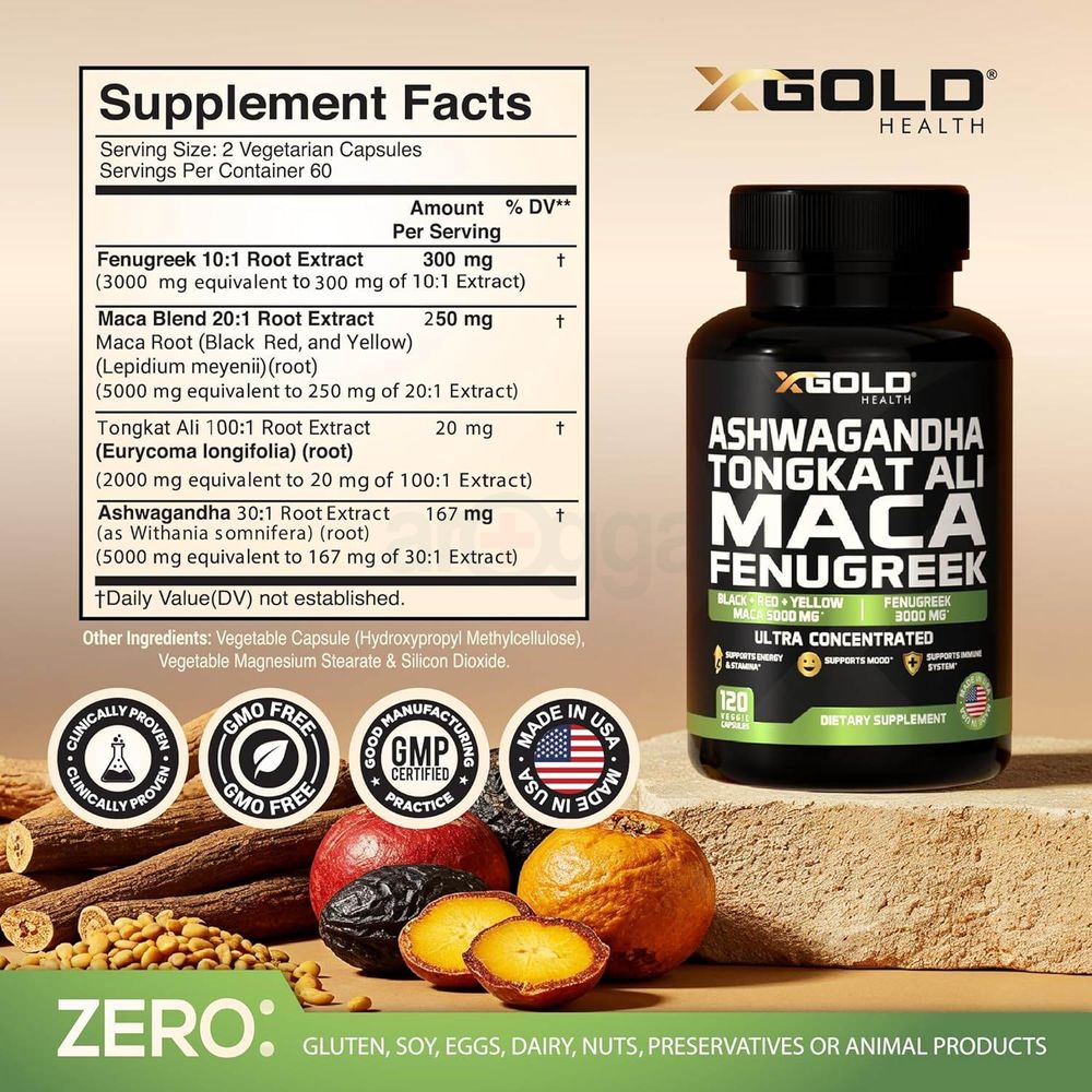 X Gold Ashwagandha Tongkat Ali Maca Fenugreek Ultra Concentrated - 120 Capsules  