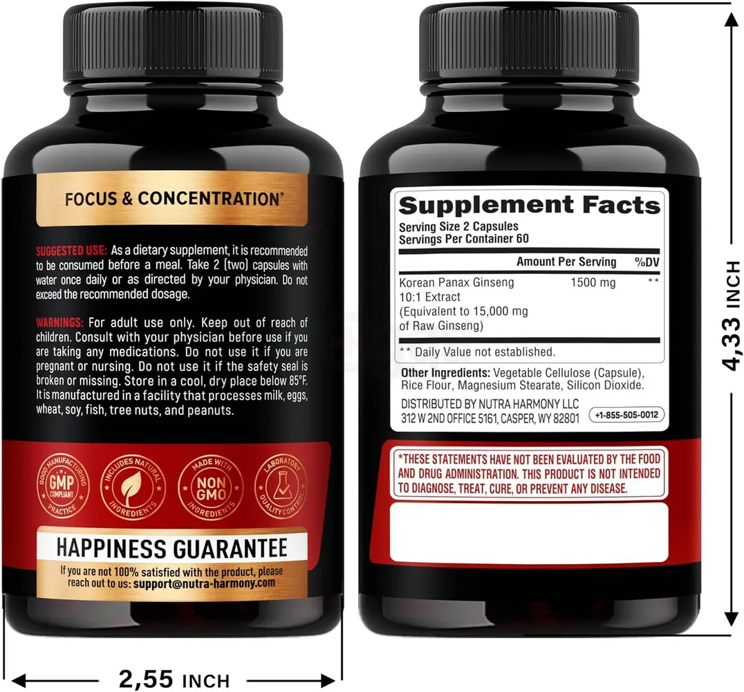 Nutra Harmony Korean Panax Ginseng 10:1 Extract 15000mg -120 Capsules  