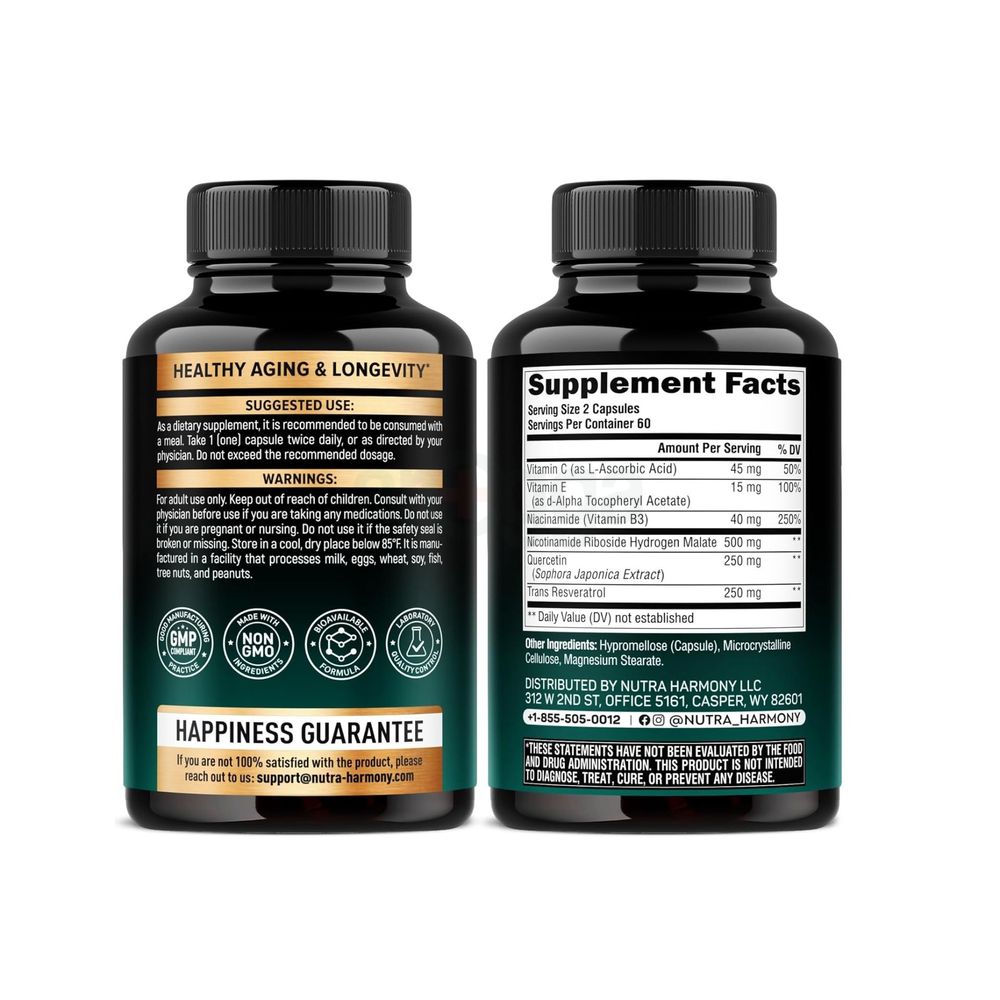 Nutra Harmony NAD+ Supplement with Resveratrol & Quercetin - 120 Capsules  