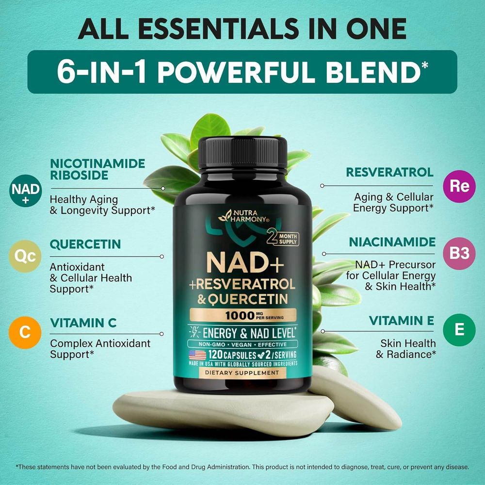 Nutra Harmony NAD+ Supplement with Resveratrol & Quercetin - 120 Capsules  