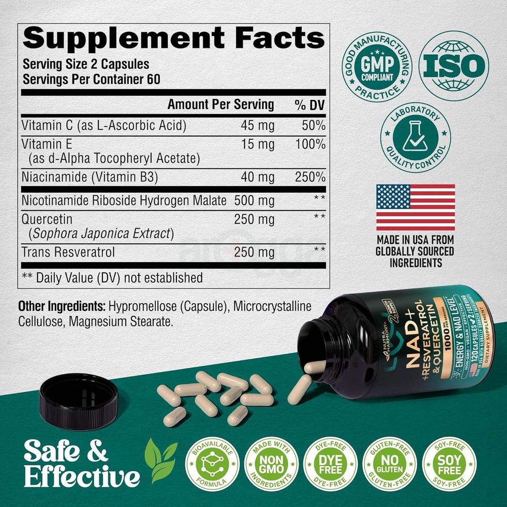Nutra Harmony NAD+ Supplement with Resveratrol & Quercetin - 120 Capsules  