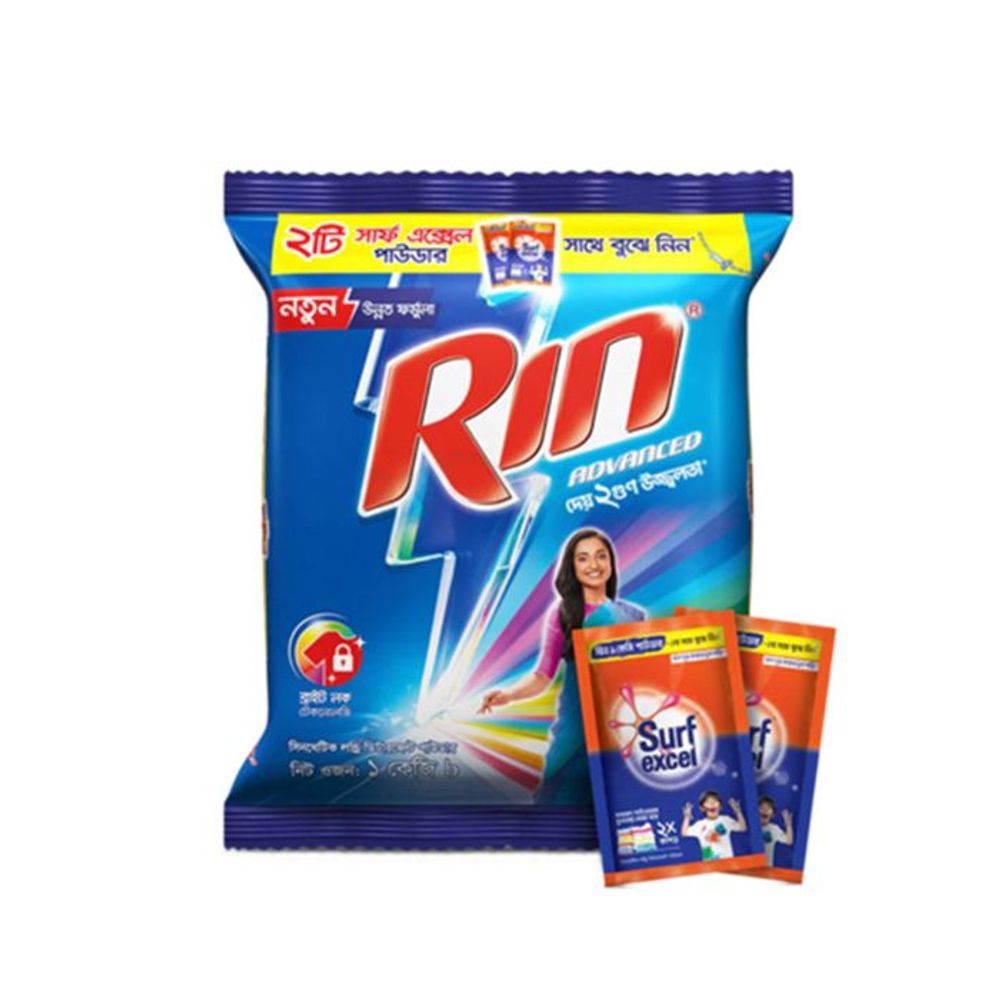 Rin Advanced Synthetic Laundry Detergent Powder 1kg (Get 2 Surf Excel Pouch Free)  
