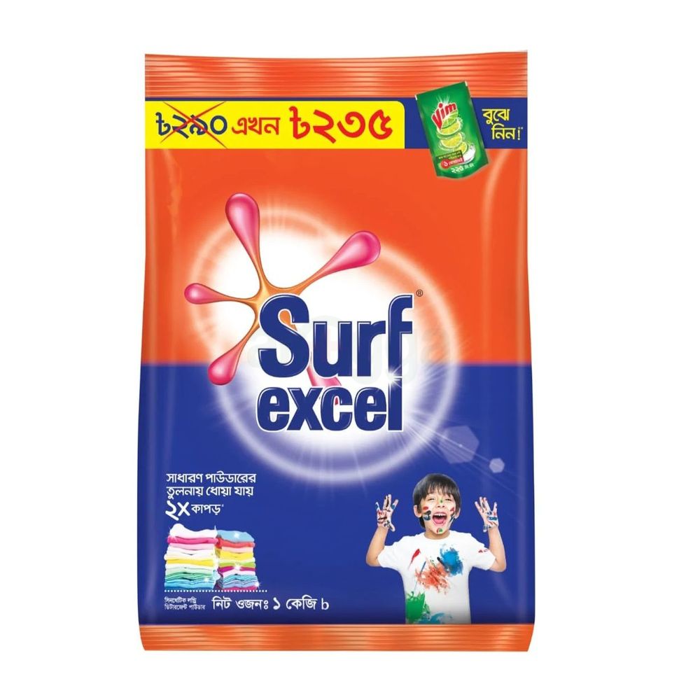 Surf Excel Synthetic Laundry Detergent Powder 1kg (Vim Liquid Dishwash 225ml Pouch Free)  