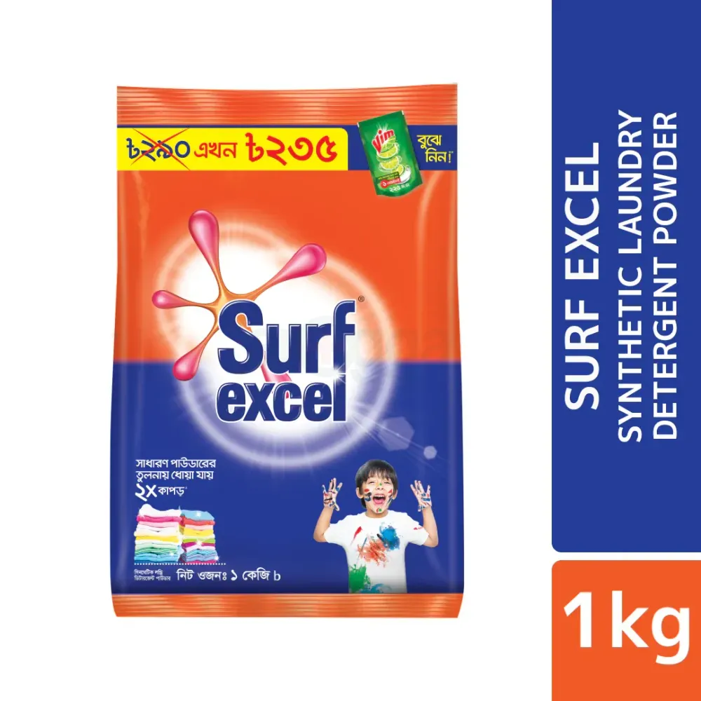 Surf Excel Synthetic Laundry Detergent Powder 1kg (Vim Liquid Dishwash 225ml Pouch Free)  