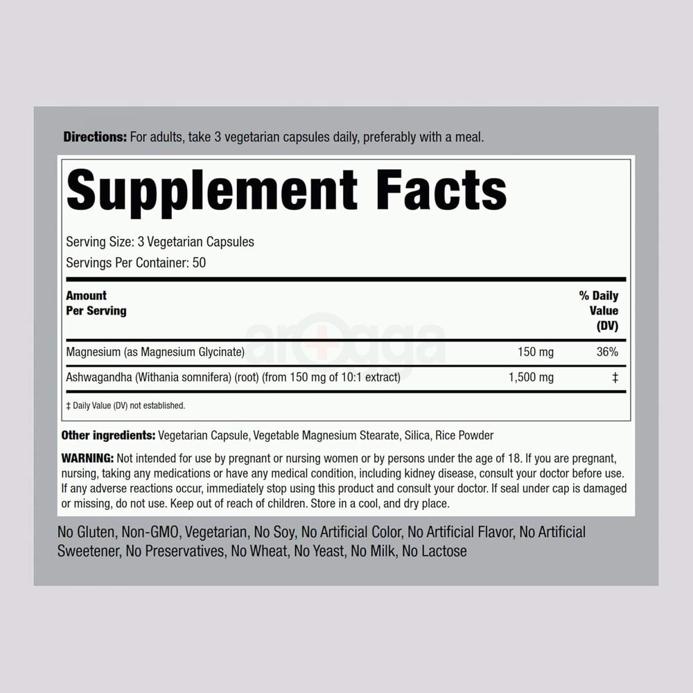 Piping Rock Premium Magnesium Glycinate & Ashwagandha - 150 Vegetarian Capsules  