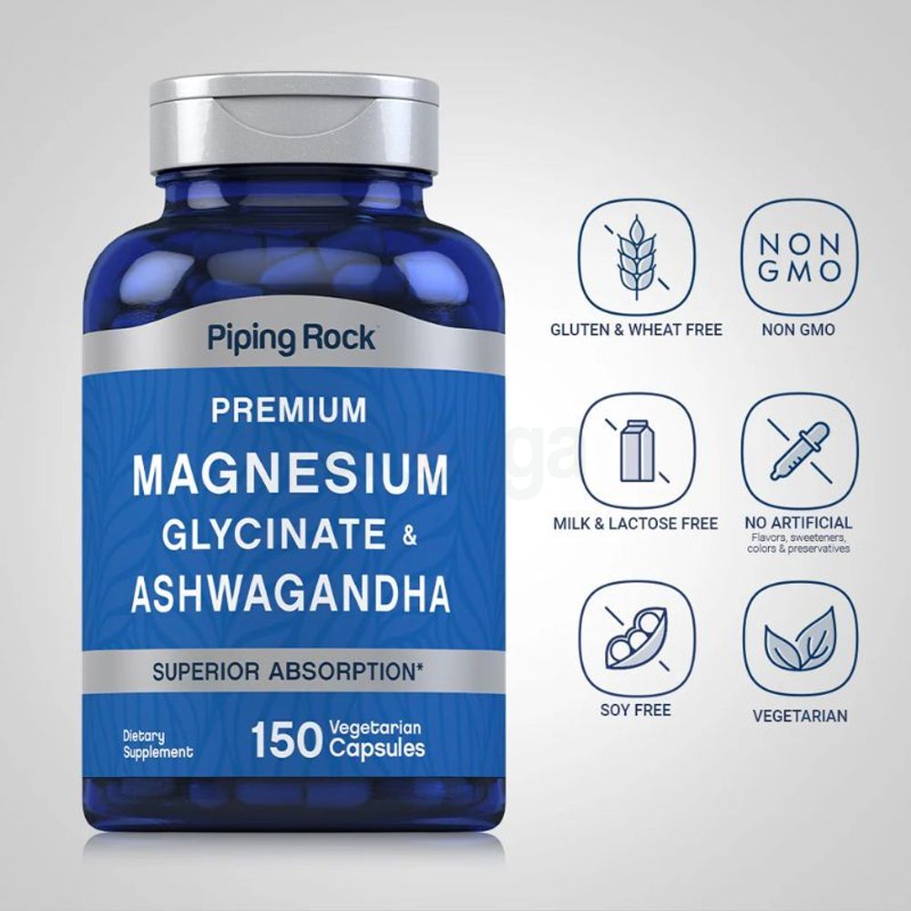 Piping Rock Premium Magnesium Glycinate & Ashwagandha - 150 Vegetarian Capsules  