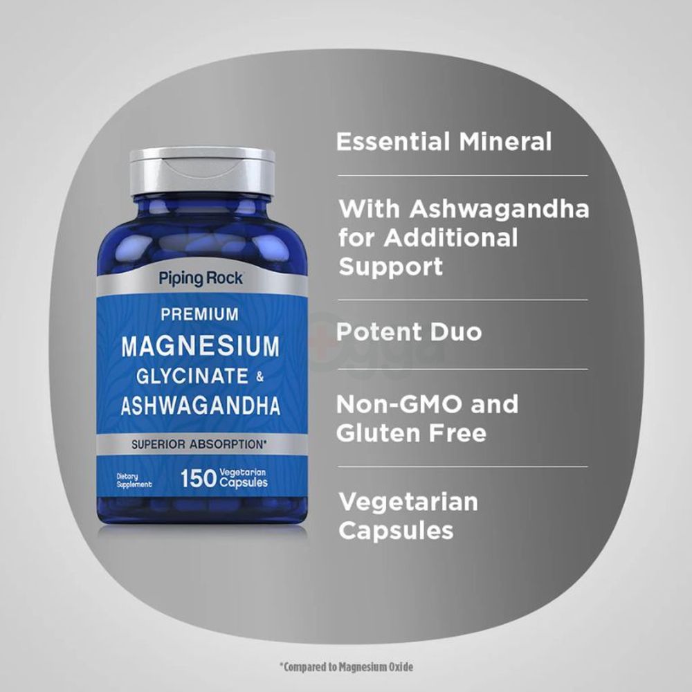 Piping Rock Premium Magnesium Glycinate & Ashwagandha - 150 Vegetarian Capsules  