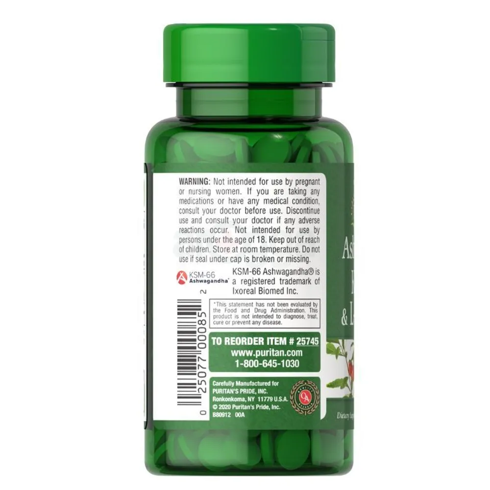 Puritan's Pride Ashwagandha KSM-66 & L-Theanine - 60 Tablets  