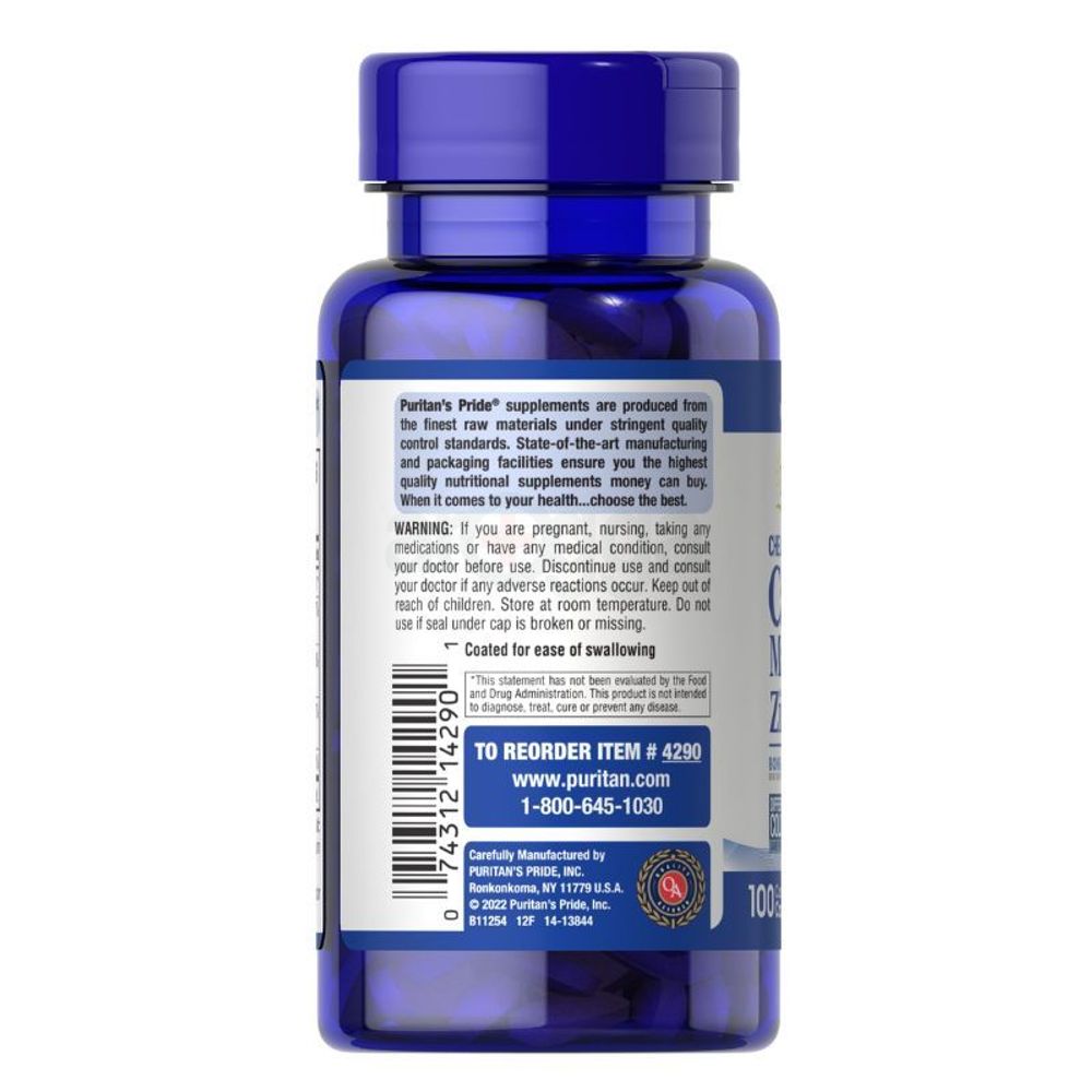 Puritan's Pride Chelated Calcium Magnesium Zinc - 100 Coated Caplets  