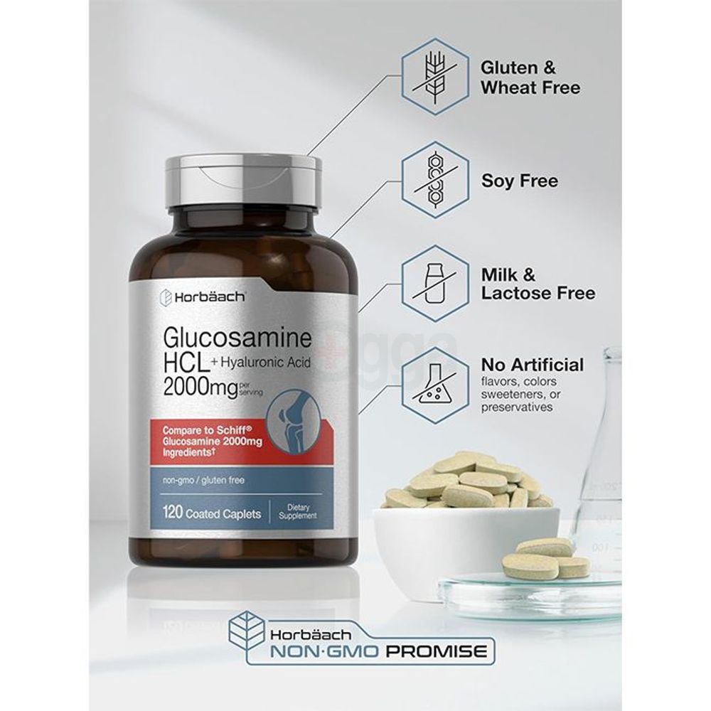 Horbaach Glucosamine HCL + Hyaluronic Acid - 2000mg - 120 Coated Caplets  