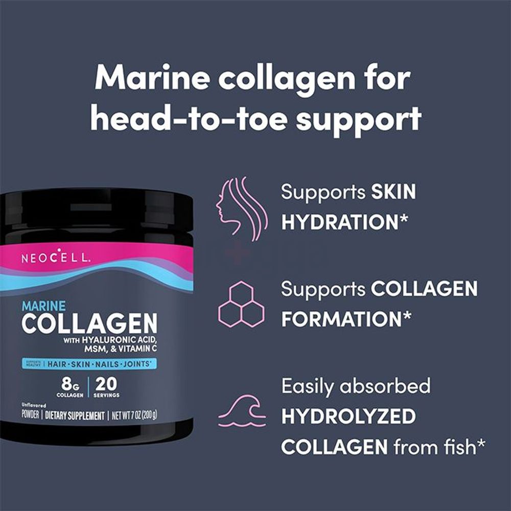 NeoCell Marine Collagen with Hyaluronic Acid, MSM & Vitamin C - 8g - 200g Powder - 20 Servings  