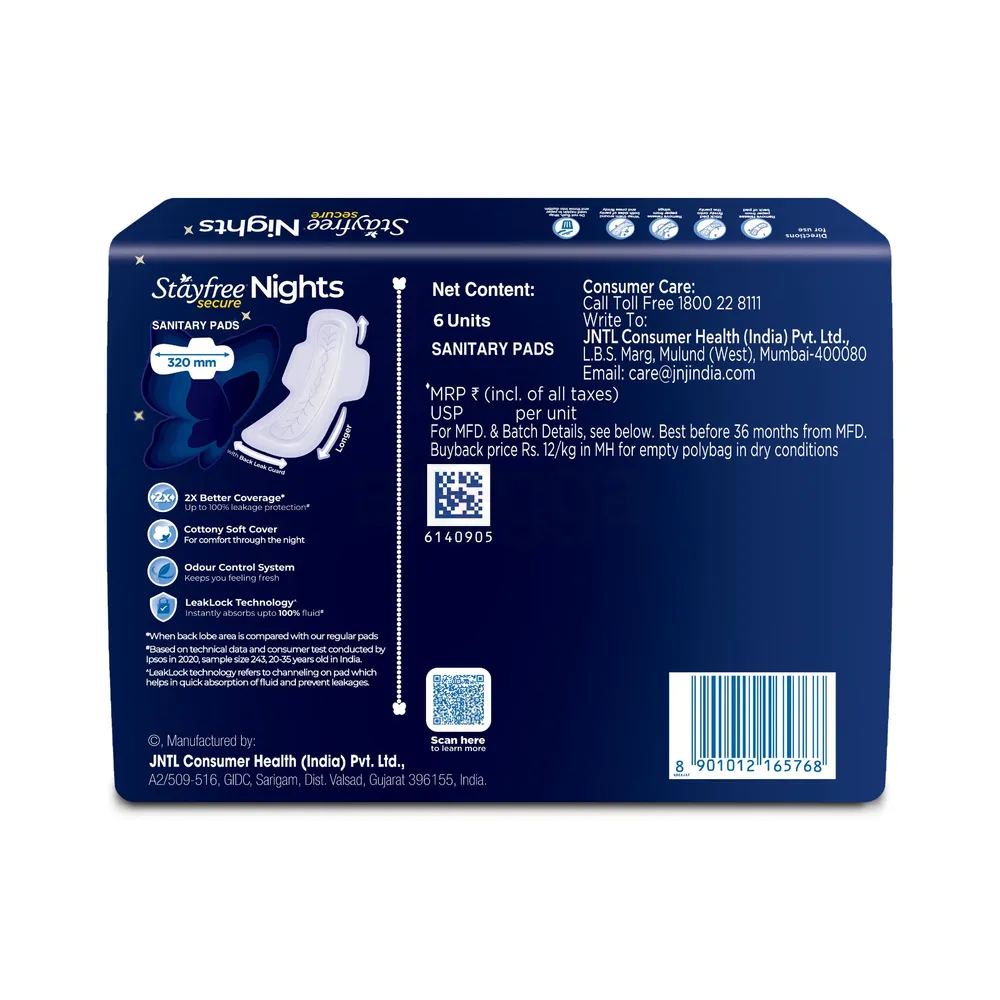 Stayfree Secure Nights Cottony Comfort XXL Sanitary Napkins with Wings - 6 Pads  