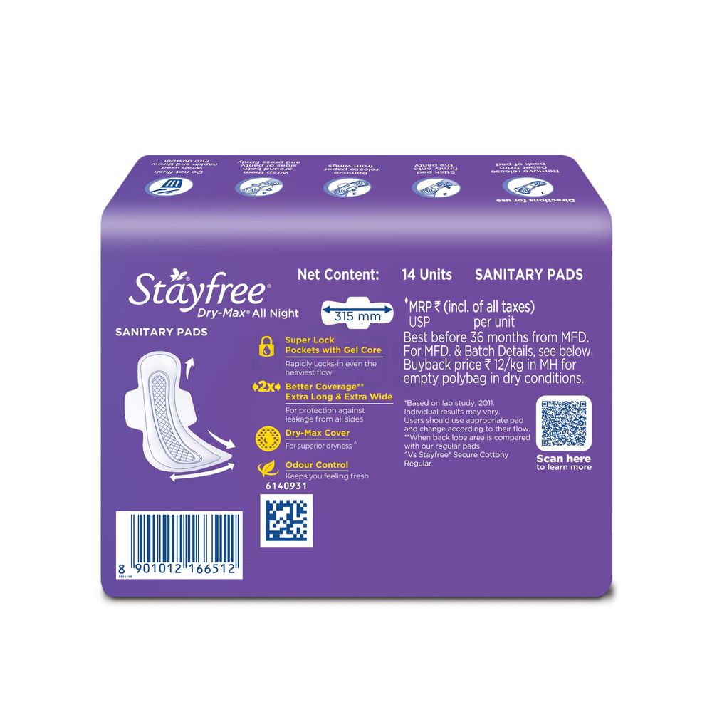 Stayfree Dry-Max All Nights Ultra Dry XXL Sanitary Napkins with Wings - 14 Pads  