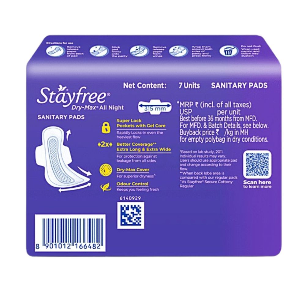 Stayfree Dry-Max All Nights Ultra Dry XXL Sanitary Napkins with Wings - 7 Pads  
