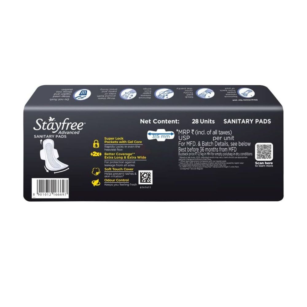 Stayfree Advanced All Nights Ultra Soft XXL Sanitary Napkins with Wings - 28 Pads  