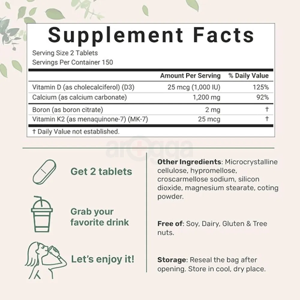 Micro Ingredients Calcium 1,200mg with Vitamin D3 & K2, 300 Tablets | Calcium Supplements for Women & Men | Mineral Complex Support Bone, Teeth, Colon & Cardiovascular Health | Non-GMO, Gluten-Free  