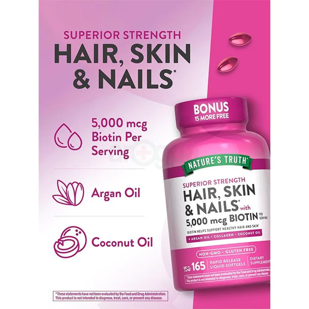 Nature's Truth Hair, Skin & Nails with Biotin - 5,000 mcg - 165 Rapid Release Liquid Softgels  