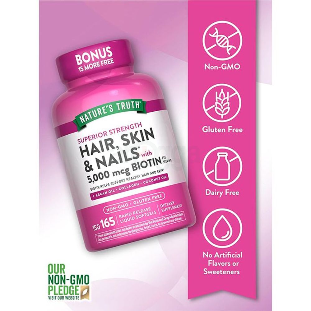 Nature's Truth Hair, Skin & Nails with Biotin - 5,000 mcg - 165 Rapid Release Liquid Softgels  