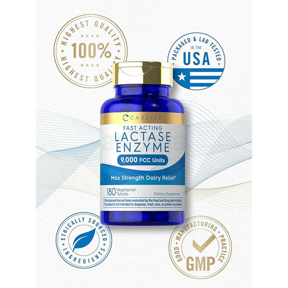 Carlyle Fast Acting Lactase Enzyme - 9,000 FCC Units - 180 Vegetarian Tablets  