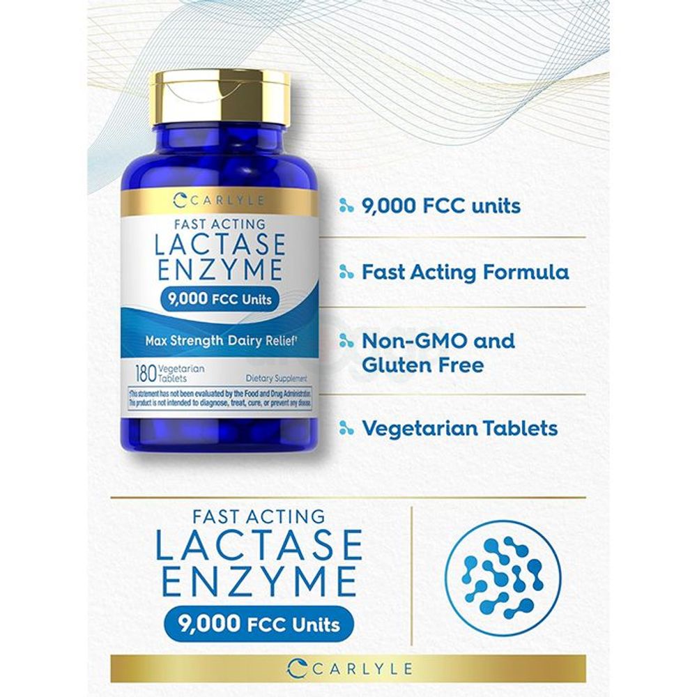 Carlyle Fast Acting Lactase Enzyme - 9,000 FCC Units - 180 Vegetarian Tablets  