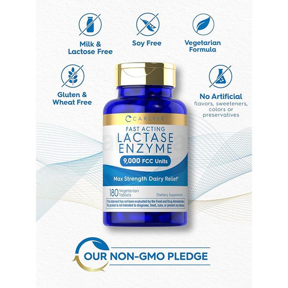Carlyle Fast Acting Lactase Enzyme - 9,000 FCC Units - 180 Vegetarian Tablets  