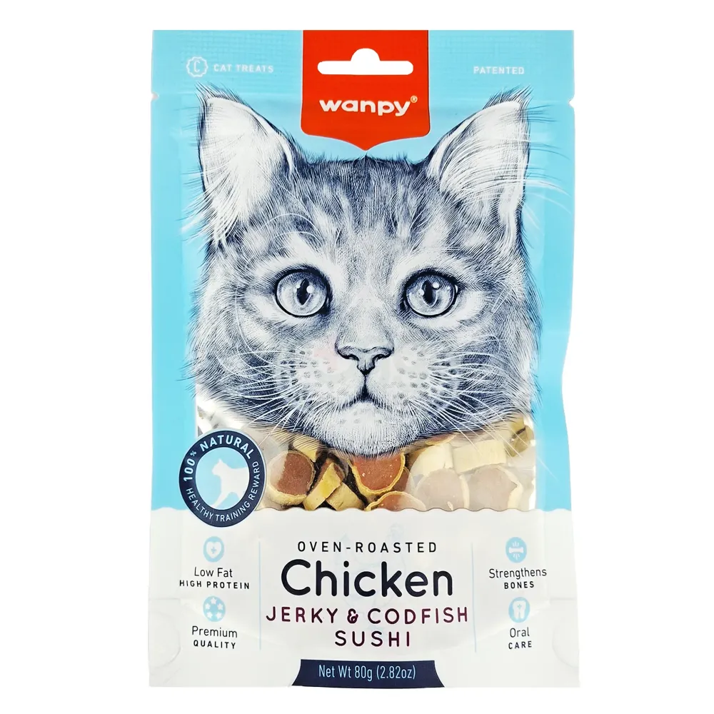 Wanpy Cat Treat Oven Roasted chicken Jerky & Cod Fish Sushi 80g  