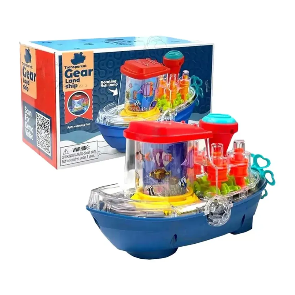 Transparent Gear Land Ship Toy – Rotating Fish Design with Lights, Music & Moving Gears for Kids  