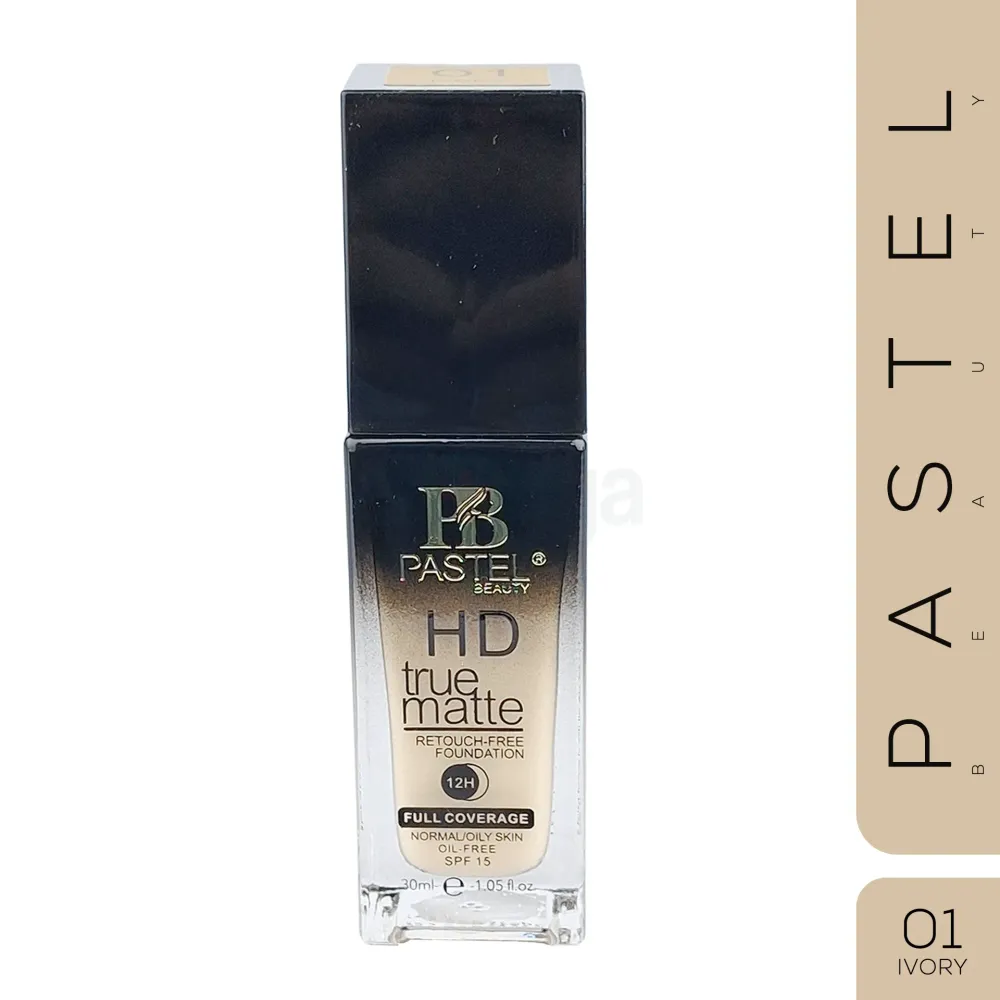 Pastel Beauty HD+ Full Coverage Foundation – Shade 01 Ivory, Long-Lasting Liquid Makeup  