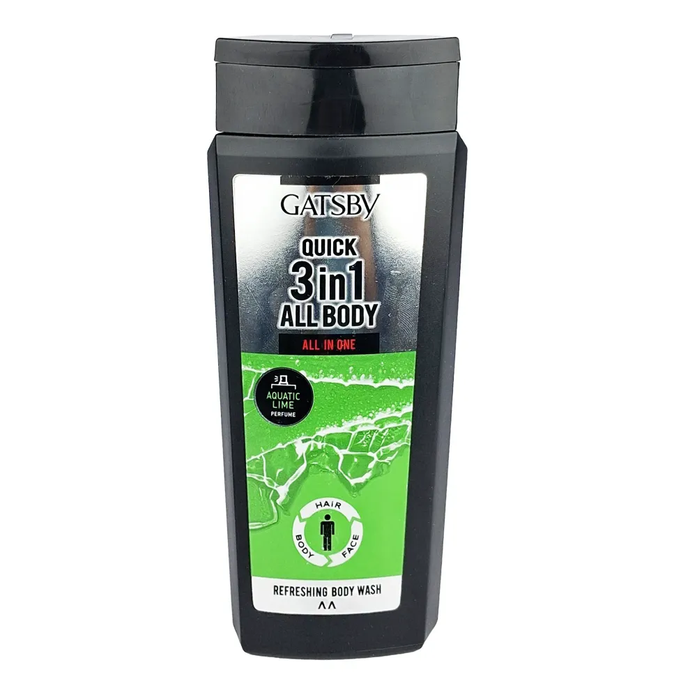 Gatsby Quick 3-in-1 All Body Wash Aquatic Lime 250ml – Refreshing Shower Gel for Face, Hair & Body with Cool Citrus Scent  
